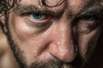 Obraz premium Man with intense expression shows fear and determination after a strenuous workout in a gym setting at dusk