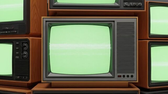 Stack of Retro TV Sets with Green Screen and Static Effect