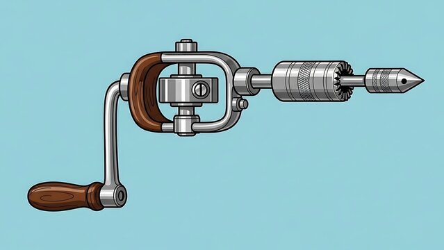 Vintage Hand Drill Tool on Blue Background.