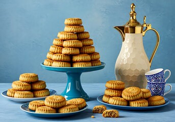 Traditional Middle Eastern Sweets and Coffee Pot on Blue Background stock