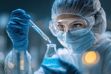 Scientist conducts research with beaker and pipette in laboratory environment during a collaborative scientific study