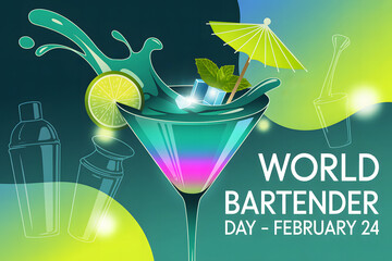Vibrant modern illustration celebrating World Bartender Day with colorful tropical cocktail glass citrus slices ice cubes splashing liquid festive bar party creative drink poster design