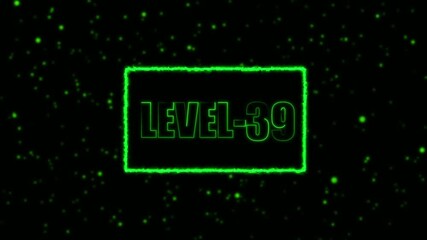 Neon green Level 39 text animation with electric glowing rectangular frame, futuristic game HUD style on dark background, perfect for gaming intros, overlays, promotions videos.