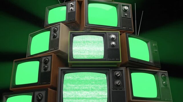Stack of Retro Televisions with Green Screen and Static Distortion