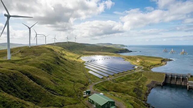 An expansive aerial view showcases a diverse array of renewable energy infrastructure nestled within a vibrant, verdant coastal landscape. Majestic wind turbines dot the rolling green hills, capturing