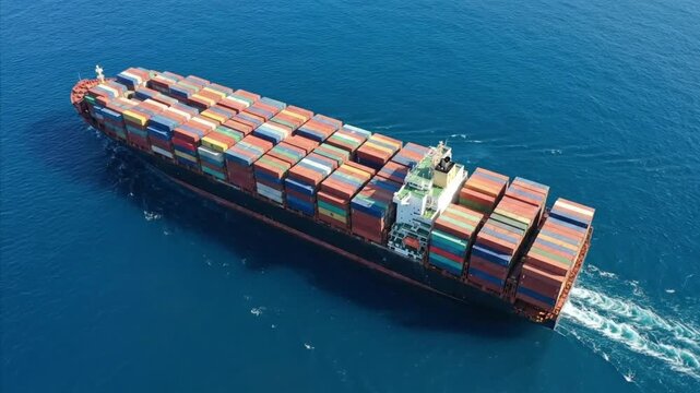 An impressive aerial perspective captures a colossal container ship, fully laden with vibrant, multicolored cargo containers, gracefully traversing the deep blue expanse of the open ocean. The powerfu