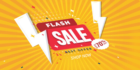 Flash sale advertising poster with white lightning bolts on yellow sunburst ray