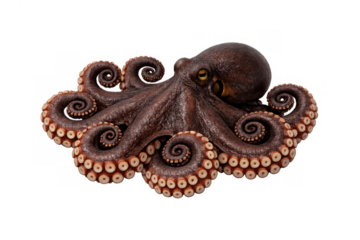 Octopus with dark body and curled tentacles displaying suction cups, isolated on transparent background