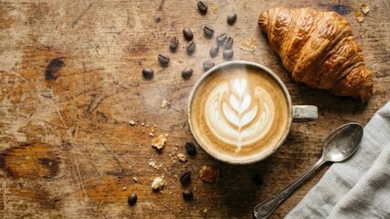 An inviting overhead shot captures a steaming cup of freshly brewed coffee, adorned with delicate latte art, positioned beside a perfectly golden, flaky pastry. Scattered aromatic coffee beans and cro