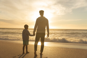 Full length rear view of father and son holding hands while looking at sunset over sea