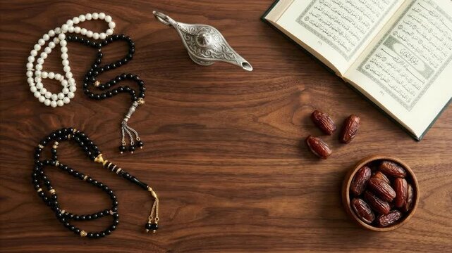 An overhead flat lay shot displays a thoughtful composition of traditional spiritual and cultural items arranged on a rich, warm wooden background. An open sacred text, featuring intricate Arabic scri