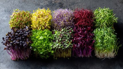 Various small sprouts are organized in rows on a dark surface. The colors and types of sprouts show a range of flavors and uses for cooking and salads. They are fresh and ready for meal preparation.