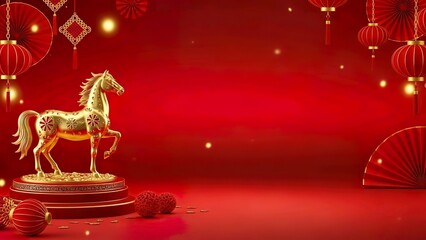 Fototapeta premium Golden horse figurine on a red background with Chinese lanterns and decorations for the Chinese lunar new year, specifically the year of the horse.
