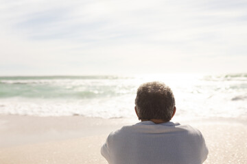 Rear view of retired senior man looking at horizon over sea on sunny day from beach