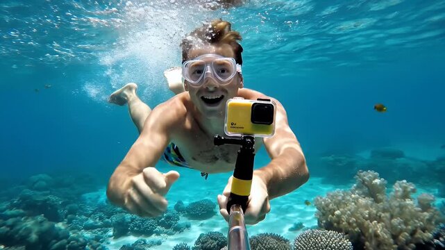 Man snorkeling underwater with action camera on selfie stick.