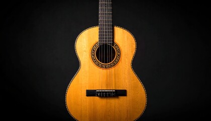 Obraz premium Close-up shot of an acoustic guitar, showcasing its wooden body and intricate details. The background is black, emphasizing the instrument