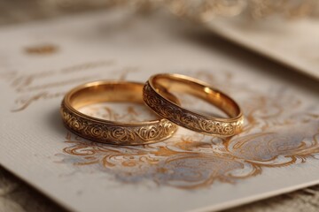 Elegant wedding invitation featuring intricate gold patterns with wedding rings beautifully placed on top, perfect for a romantic celebration in a luxurious setting