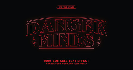 Danger Minds, a bold and stylish text effect with striking red neon glow. Perfect for posters, headlines, music visuals, movie poster, and edgy branding. Vector illustration