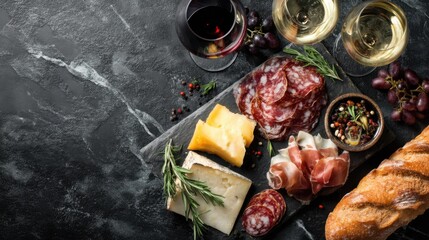 A selection of cheeses cured meats and fresh bread is arranged on a stone board. Two glasses of red wine and white wine sit beside the board. Grapes and herbs add detail.