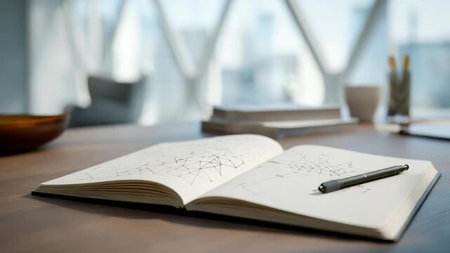 Open notebook with geometric sketches and a pen on a modern wooden desk in a bright office. Creative workspace atmosphere with natural light and contemporary design elements
