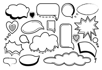 Vector collection of hand-drawn various speech and thought bubbles, in various shapes and sizes. These elements can be used for design projects or creating comic book dialogues.