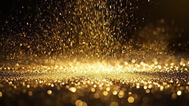 Abstract conceptual animation featuring golden light particles gracefully falling and settling onto a dark surface representing prosperity and festive atmosphere spiritual, dark, elegant