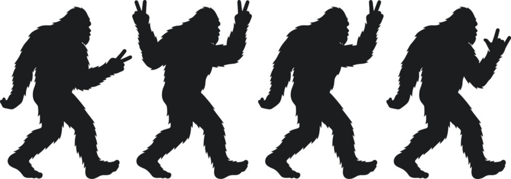 Bigfoot Sasquatch Silhouette Set Walking and Giving Peace Sign or Rock On Hand Gesture Symbols, Cryptid Creature CAD Drawing Flat Vector Illustration
