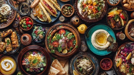 A table is filled with different plates of food showing a variety of traditional dishes. The scene includes vibrant colors and different types of ingredients.