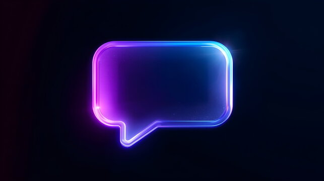 Futuristic Glowing Neon Glass Speech Bubble Icon on Dark Background