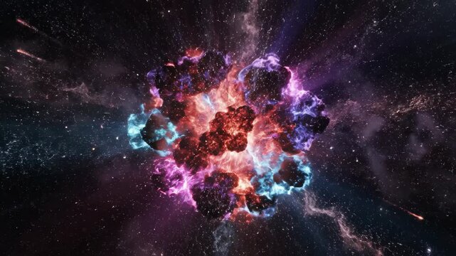 Abstract display of intensely bright blue and red concentrated energy beams colliding mid-void creating dramatic particle bursts and light colliding mid-void, data, thriller