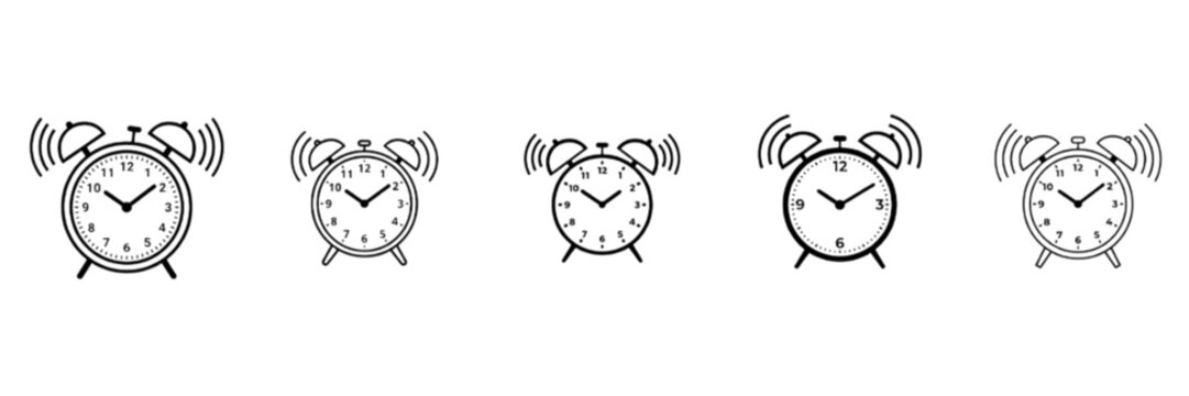 A minimalist vector image collection featuring five distinct alarm clock icons with ringing bells, symbolizing time management, early mornings, scheduling, and academic or professional deadlines