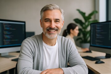 Confident mature man smiling in modern office with programming code on screens, female coworker in background, concept of teamwork and experience. Ai generative