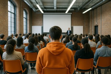 Young man in orange hoodie attending lecture with diverse students in modern classroom, focus on individuality and learning concept from behind view. Ai generative