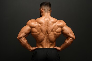 Fototapeta premium Muscular bodybuilder showing defined back muscles, arms flexed, standing confidently against dark background, representing strength and fitness concept. Ai generative