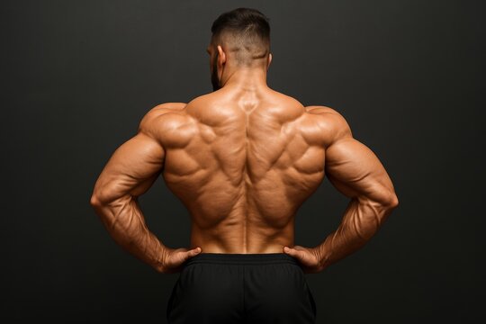Muscular bodybuilder showing defined back muscles, arms flexed, standing confidently against dark background, representing strength and fitness concept. Ai generative