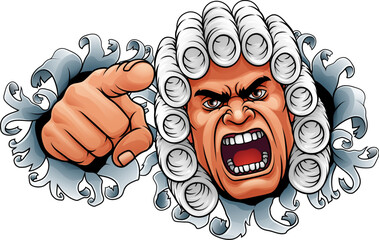 An angry judge cartoon character pointing at the viewer with his finger
