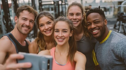 Friends gather to take a selfie after completing their workout session at the gym. They smile and celebrate their time spent together while standing near fitness equipment.