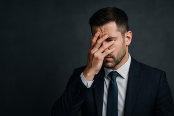 Frustrated businessman in suit covering face with hand showing stress or regret on dark background, symbolizing failure or pressure concept. Ai generative