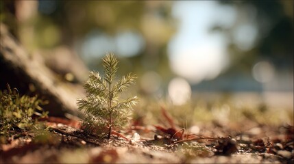 A Young Evergreen Sapling Emerges from the Forest Floor in Sunlight