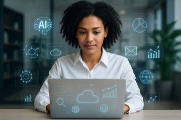 Focused businesswoman using laptop with digital AI and data icons overlayed, representing technology and analytics in a modern workspace concept. Ai generative