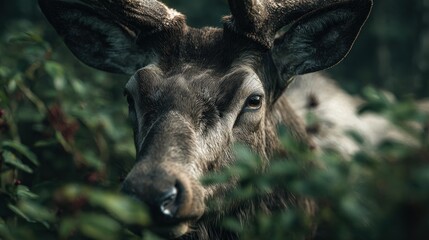 Ethereal encounter with a majestic deer amidst dense foliage in the forest