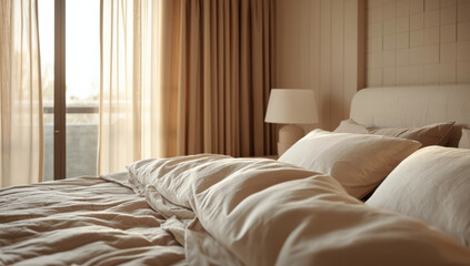 Fototapeta premium Cozy neutral bedroom with soft bedding and warm morning light