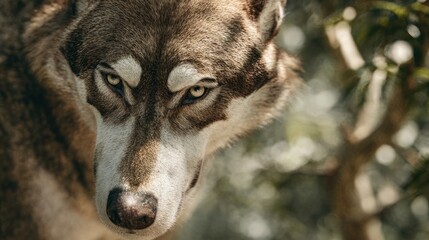 Intense gaze of a grey wolf in natural habitat with blurred background