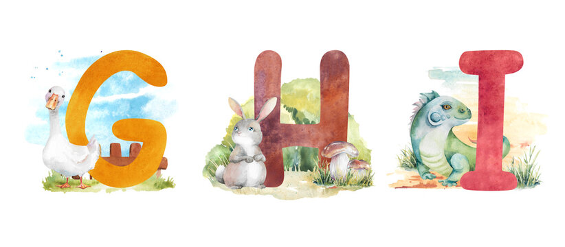 Latin alphabet letters with funny animals hand-drawn watercolor illustration. Set of learning elements isolated on white. Letters for youth games, cards, school, ABC books, vocabulary holiday designs