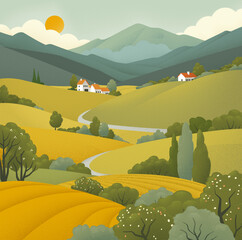 Fields rolling hills and mountains farm landscape background illustration with countryside mountains, sunrise sun, clouds and trees. Original rural background drawing in vintage pointillism dot style