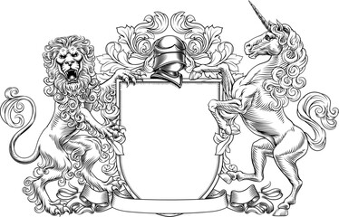 A unicorn and lion coat of arms or crest family heraldry medieval heraldic knight shield. With helmet and acanthus filigree scroll ornament in a vintage woodcut style.