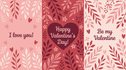 Set of 3 Valentine's Day greeting cards with pink and red floral patterns