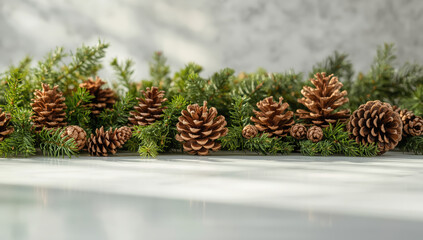 Fototapeta premium Pine cone garland on evergreen branches with soft winter light and cozy festive mood