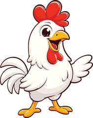 Fototapeta premium Happy Cartoon White Chicken Mascot Character With Red Comb Pointing To Side Standing Isolated On White Background Flat Vector Illustration For Farm Design