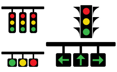 Traffic lights illustrations for any purpose. Isolated object. Green, yellow and red light stoplights. green arrow direction icon.